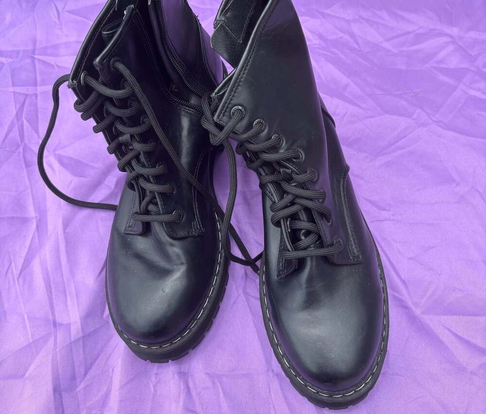 Madden NYC Women's Black Lace-Up Lug Sole Combat Boots with Side Zipper